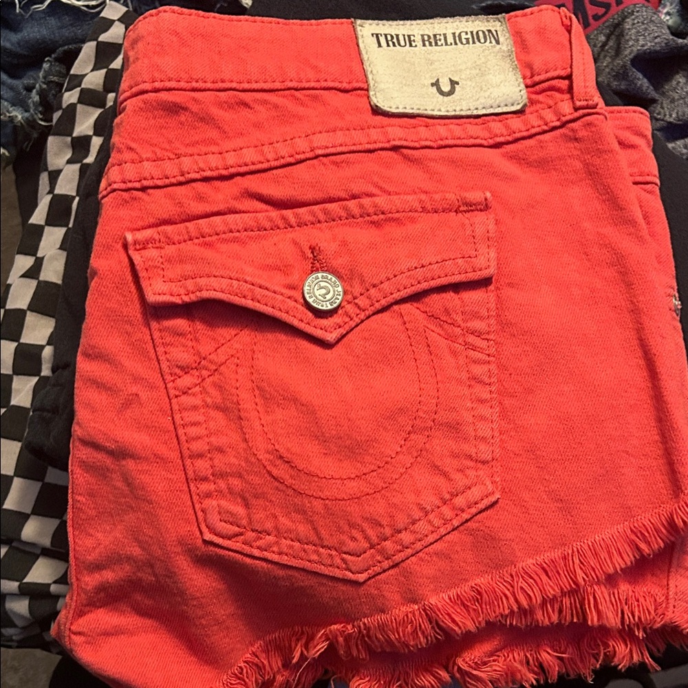 True Religion Bright Coral Cutoff Denim Shorts